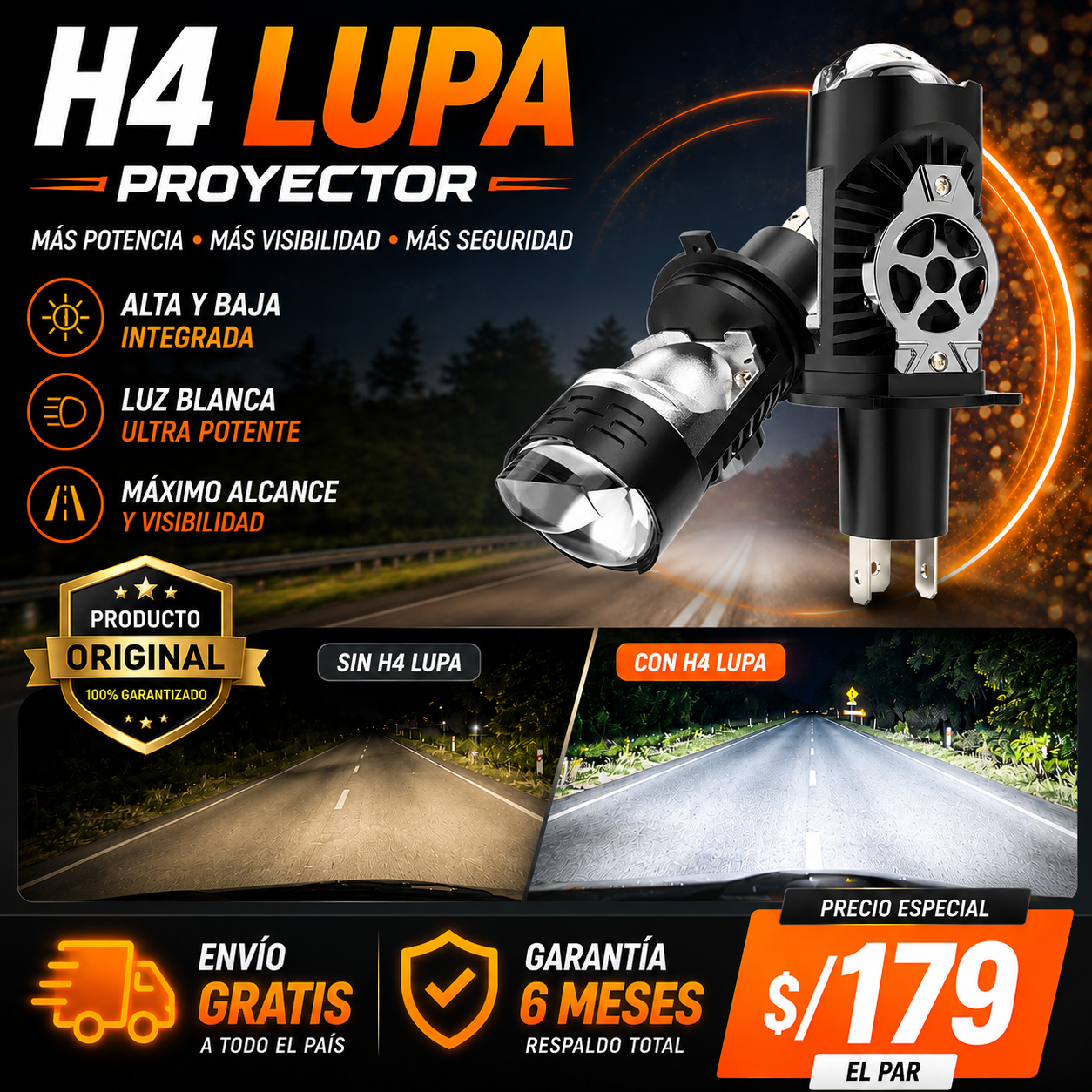 Foco H4 con lupa / Luz blanca